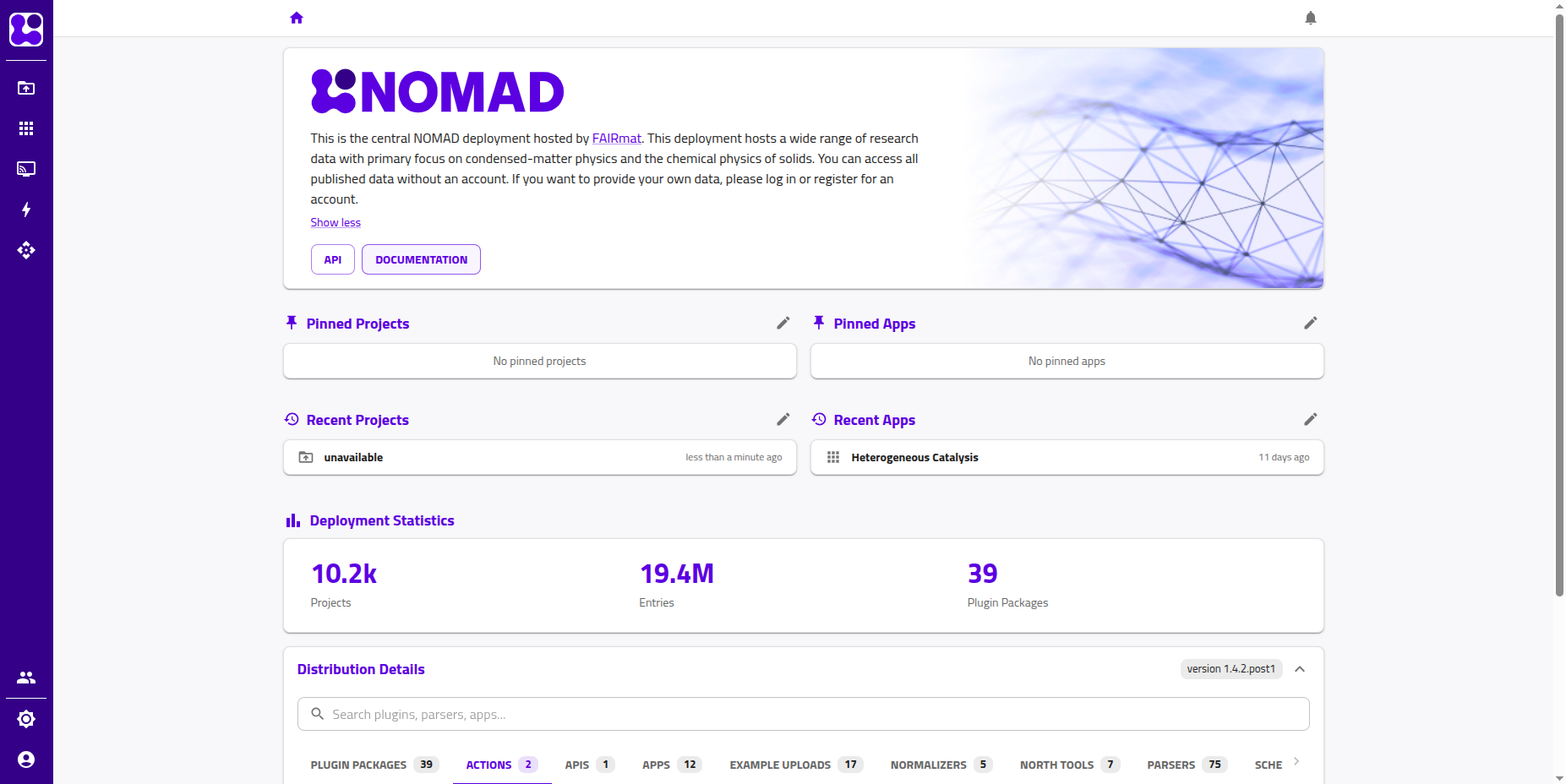 NOMAD GUI showing faceted search and data visualization